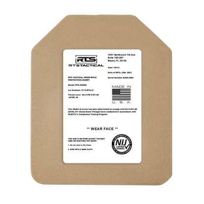 A tactical rifle protection insert with a beige finish features a detailed white label. The label includes the RTS Tactical logo, specifications, and usage instructions. The product is marked as made in the USA, with compliance and safety certification indicated.