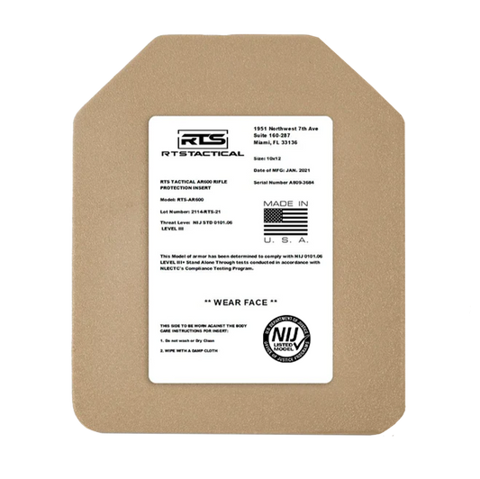 A tactical rifle protection insert with a beige finish features a detailed white label. The label includes the RTS Tactical logo, specifications, and usage instructions. The product is marked as made in the USA, with compliance and safety certification indicated.