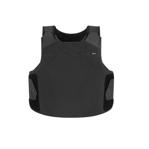 Black tactical vest with a sleek design, featuring adjustable straps and utility pockets.