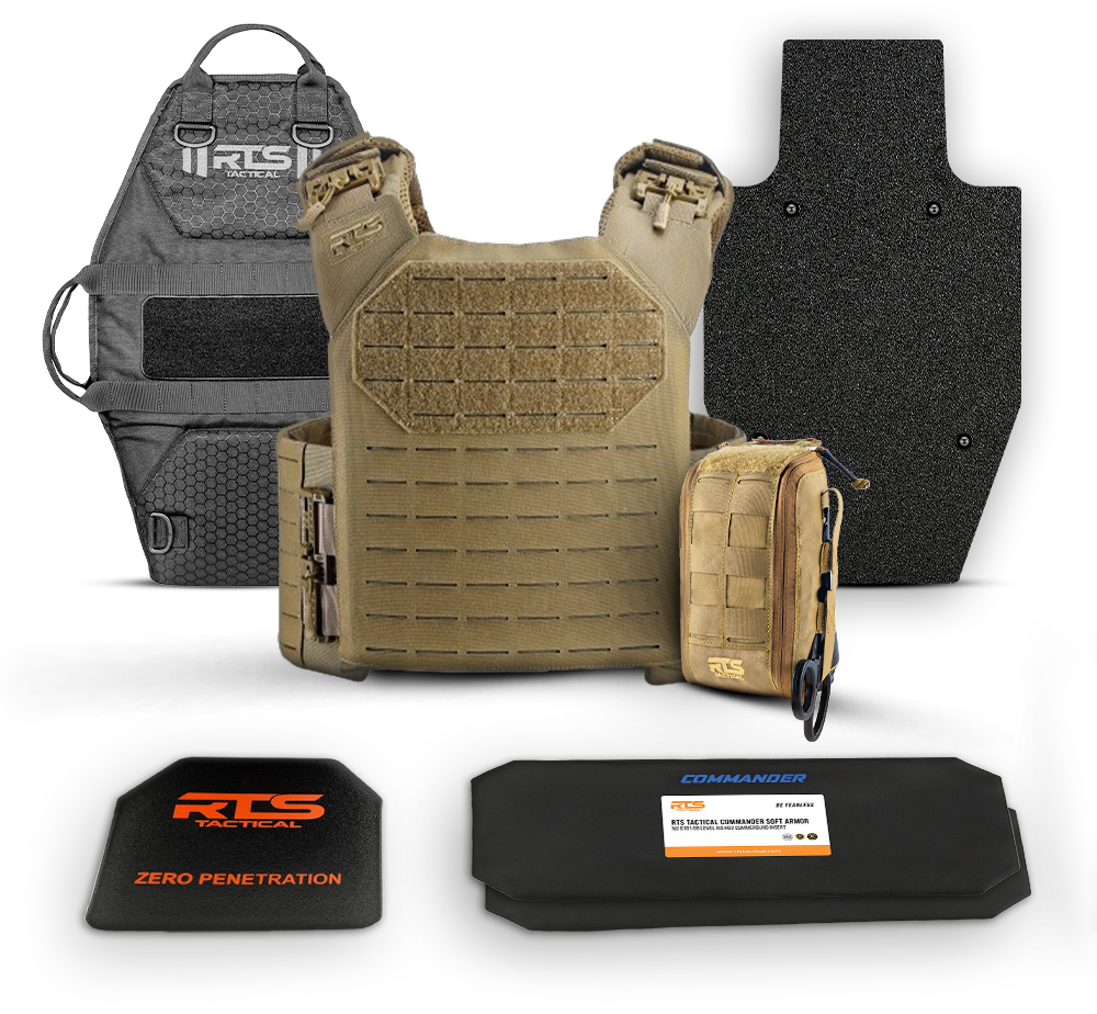 A collection of tactical gear featuring a tan plate carrier with detachable pouches, two ballistic plates, and a black shooter’s mat displaying a brand logo.
