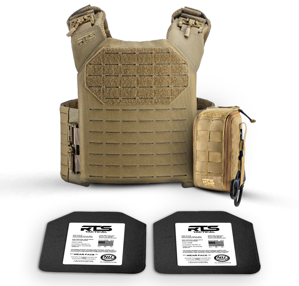 The Be Fearless body armor bundle comes with 2 hard armor inserts, a plate carrier and an IFAK.