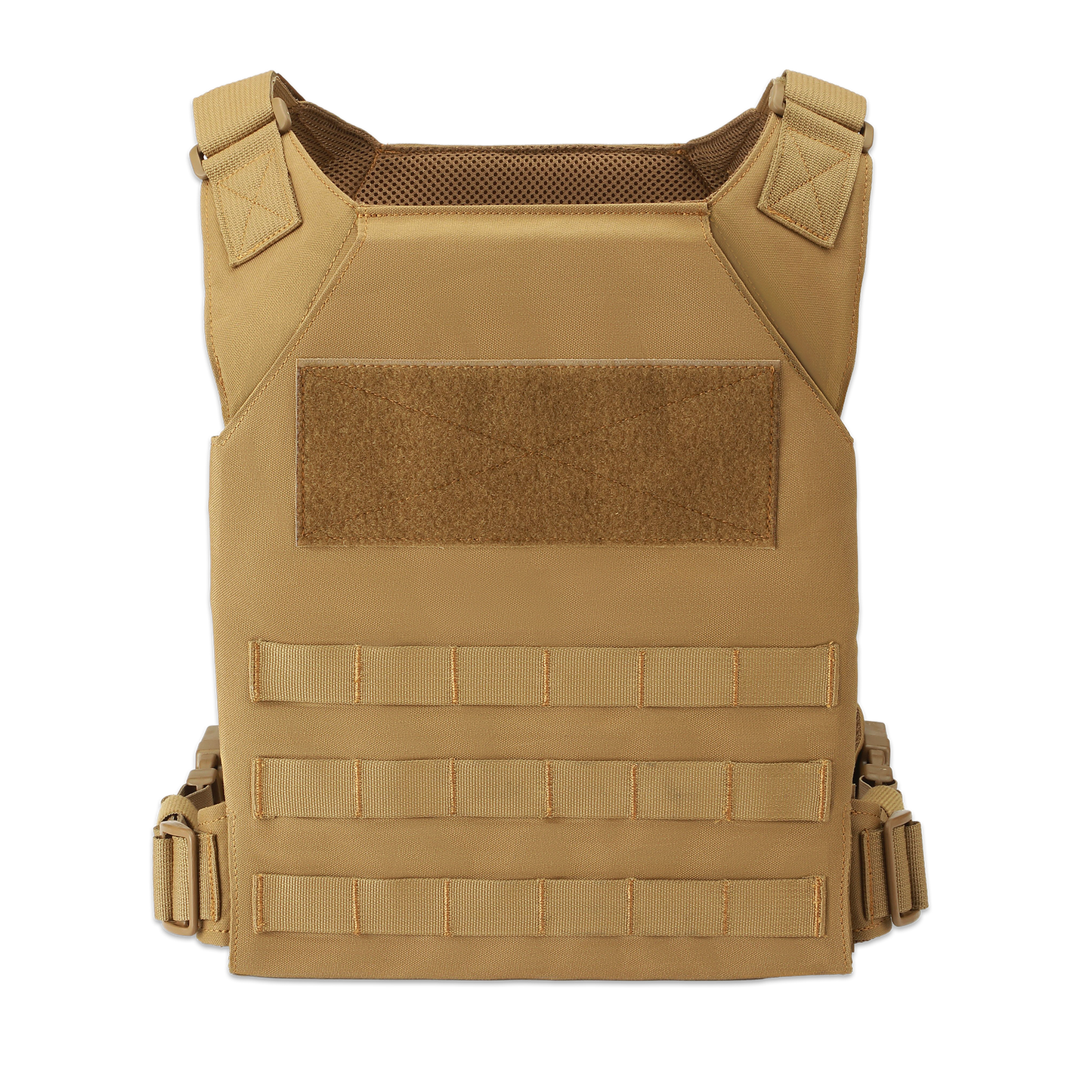 Tan tactical vest with Velcro patch, webbing for attachments, and adjustable straps, conveys utility and preparedness on a black background.