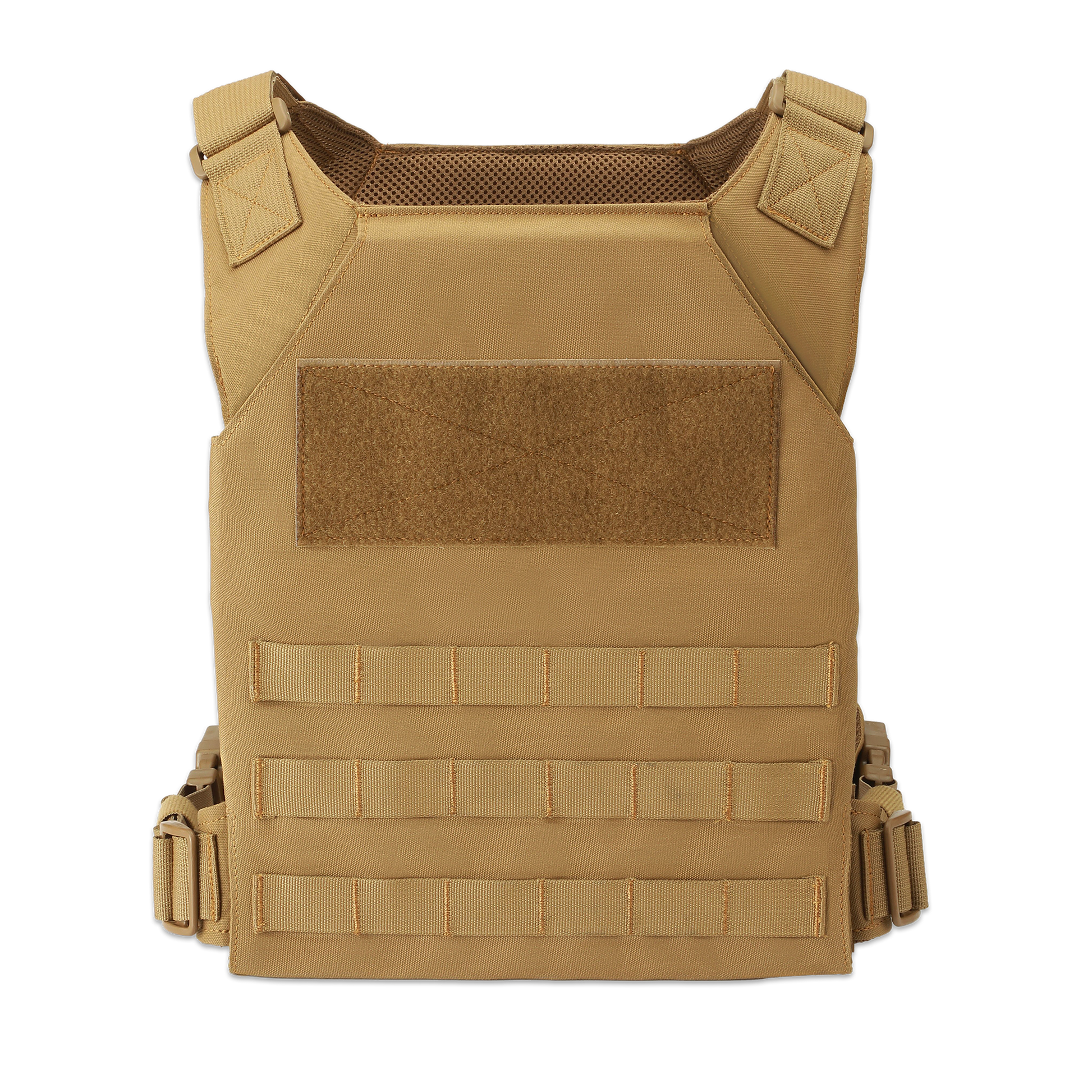 Tan tactical vest with Velcro patch, webbing for attachments, and adjustable straps, conveys utility and preparedness on a black background.
