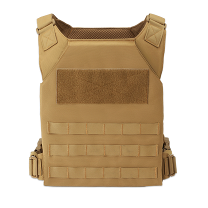 Tan tactical vest with Velcro patch, webbing for attachments, and adjustable straps, conveys utility and preparedness on a black background.