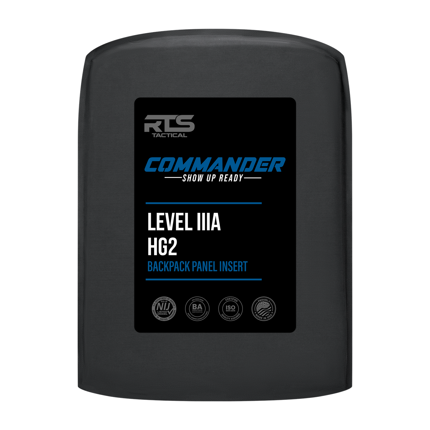 A black backpack panel insert labeled "RTS Tactical Commander, Level IIIA HG2" with icons below, indicating certifications and standards.