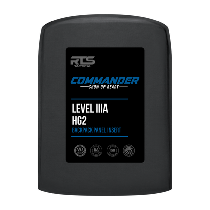 A black backpack panel insert labeled "RTS Tactical Commander, Level IIIA HG2" with icons below, indicating certifications and standards.
