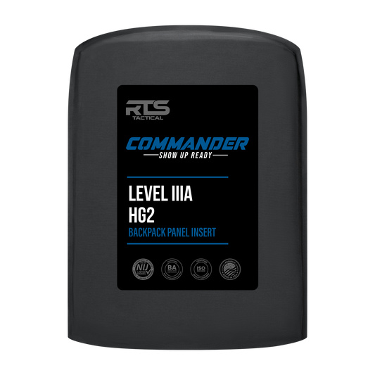 A black backpack panel insert labeled "RTS Tactical Commander, Level IIIA HG2" with icons below, indicating certifications and standards.