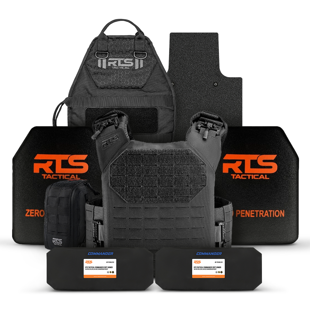 Collection of black tactical gear, including a vest, backpack, and protective plates with orange 'RCS' logo.