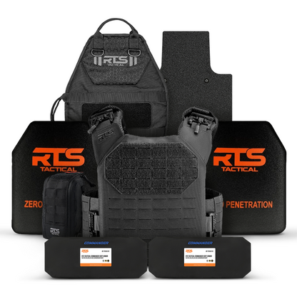 Collection of black tactical gear, including a vest, backpack, and protective plates with orange 'RCS' logo.