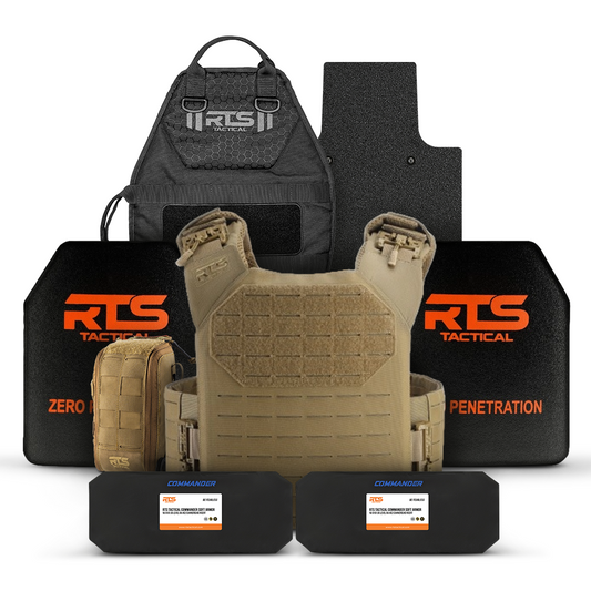 Tactical gear set including a tan vest, black protective plates, and pouches with orange logos.