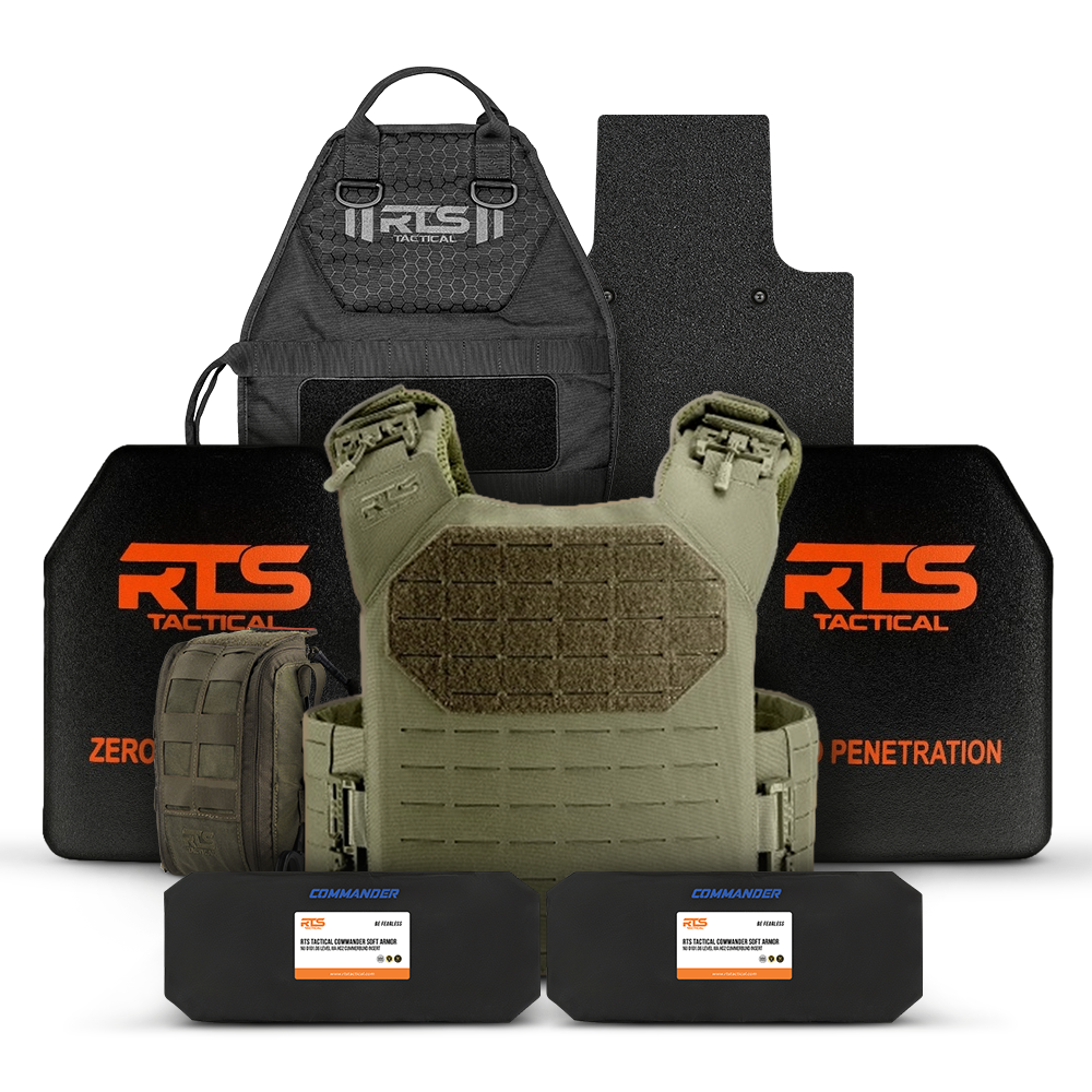 A tactical gear set including black body armor plates, a green tactical vest, black knee pads, and a black helmet, conveying preparedness and protection.