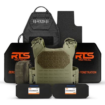 A tactical gear set including black body armor plates, a green tactical vest, black knee pads, and a black helmet, conveying preparedness and protection.