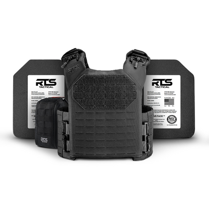 Black tactical body armor set with multiple pieces displayed on a white background. Armor appears durable and functional, conveying a sense of protection.
