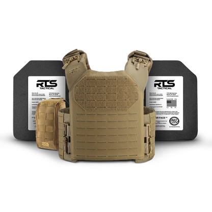 Gray body armor vest with two black protective plates, featuring labels and adjustable straps.