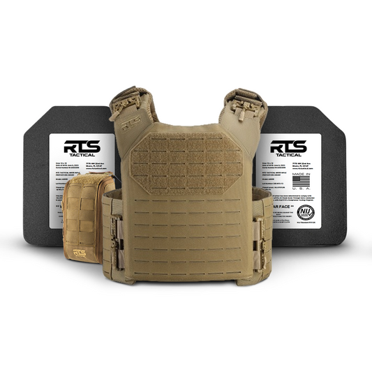 Tan tactical vest displayed with two black ballistic plates behind it. The vest features a sleek design with textured fabric and adjustable straps. Neutral tone.