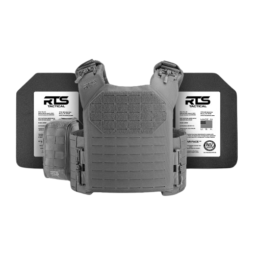 Gray body armor vest with two black protective plates, featuring labels and adjustable straps.