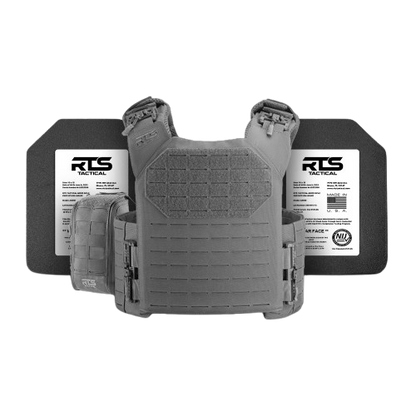 Gray body armor vest with two black protective plates, featuring labels and adjustable straps.