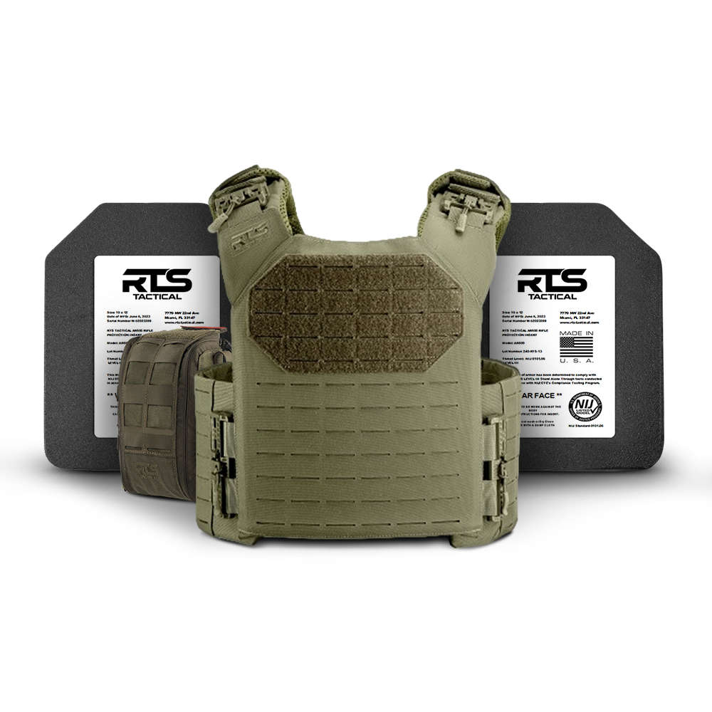 Olive green tactical vest with two black protective plates behind it, showcasing military gear.