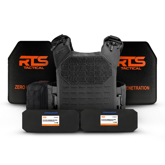 A black tactical body armor set with two protective plates featuring the "RTS Tactical" logo in orange.