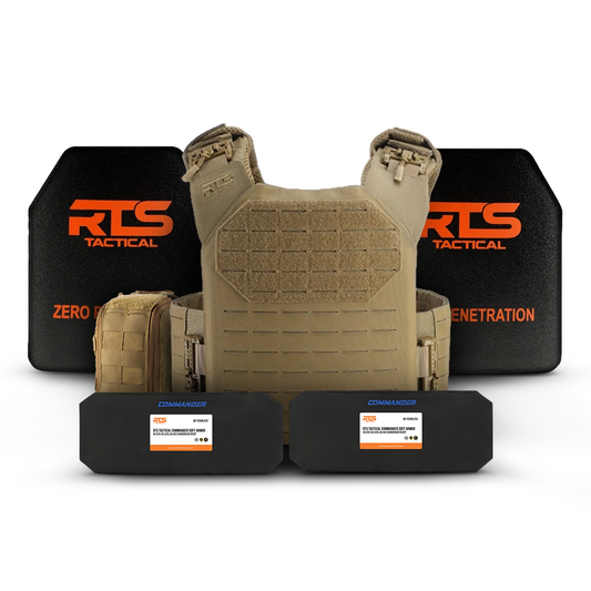 The image shows a tactical gear set including a tan plate carrier vest, black body armor plates, and a pouch.