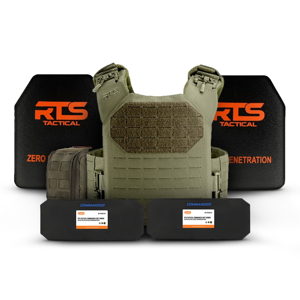 Olive tactical vest with two RMA label steel armor plates, flanked by two black RTS labeled plates, conveying a sense of protection and durability.