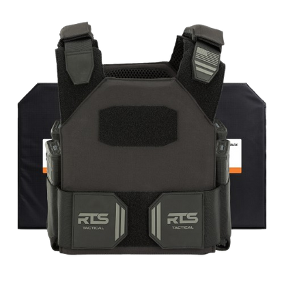 A tactical vest with reinforced black padding and adjustable straps, designed for protection and durability.