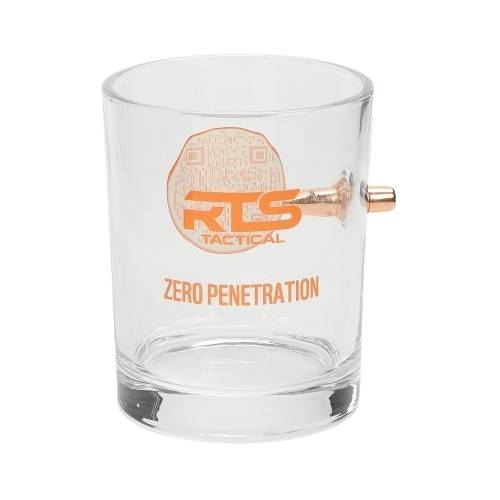 Clear glass with a copper bullet embedded on the side, featuring orange "RTS Tactical" logo and "Zero Penetration" text.