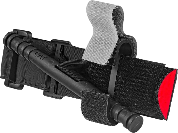 A black tactical tourniquet with a red tip and gray Velcro strap is shown.