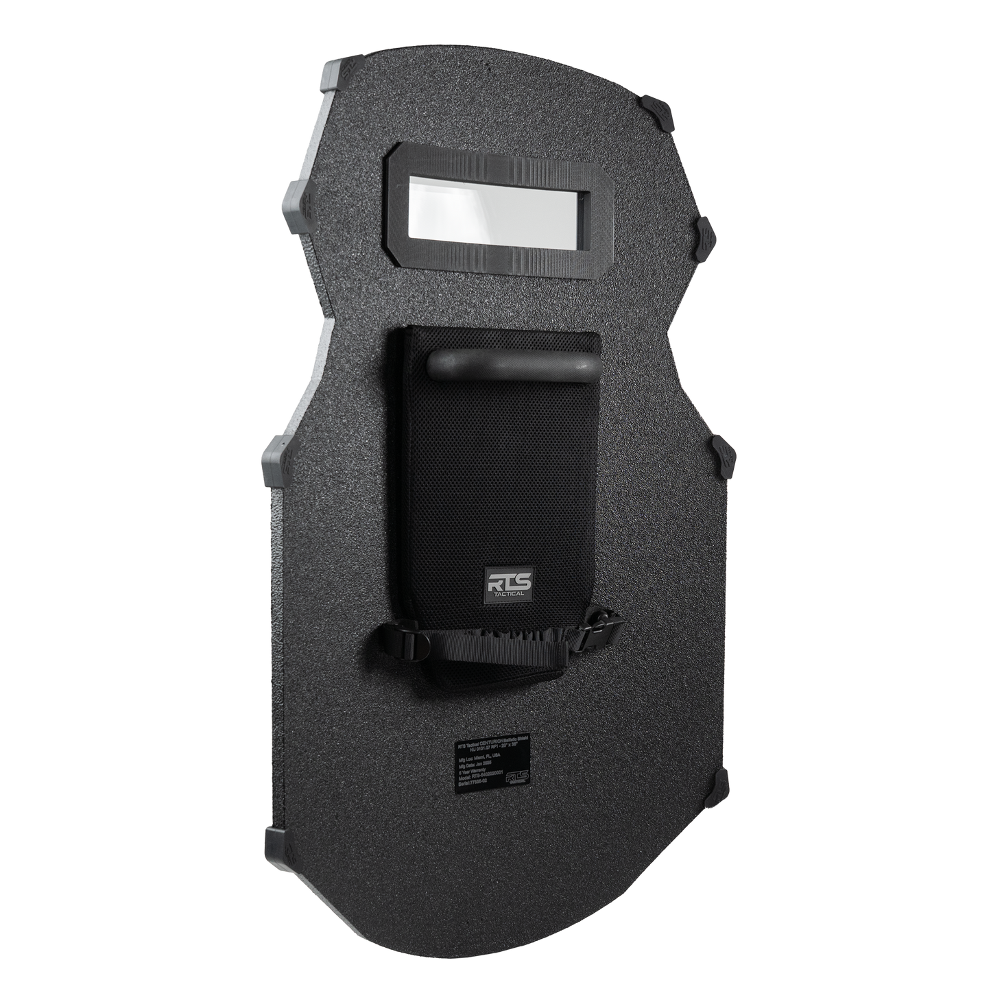 A black, tactical shield with a rectangular window at the top and a textured surface. It has a handle and padded backing.