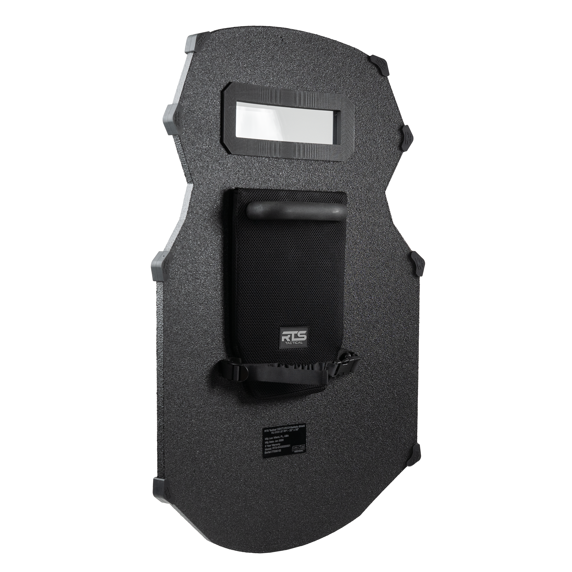 A black, tactical shield with a rectangular window at the top and a textured surface. It has a handle and padded backing.