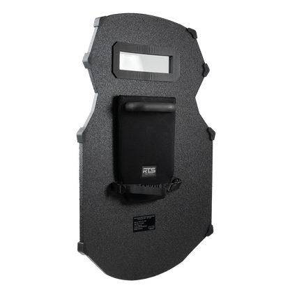 A black, tactical shield with a rectangular window at the top and a textured surface. It has a handle and padded backing.