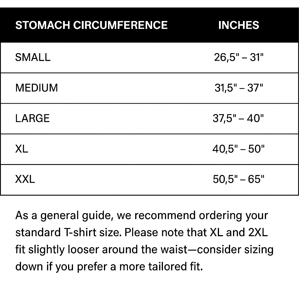 Size chart for compression shirt