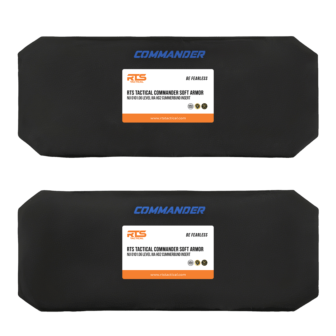 Two black RTS Tactical Commander Soft Armor side inserts.
