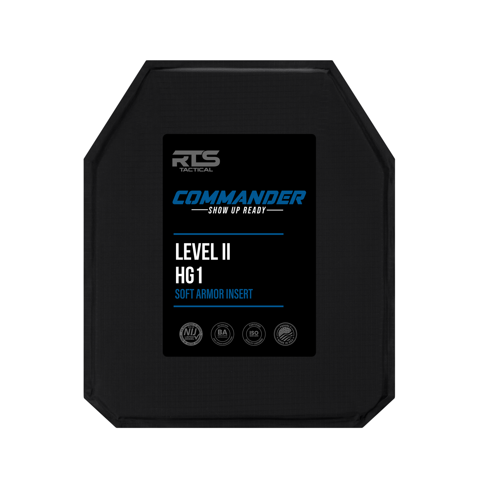 Black rectangular soft armor insert labeled with Level II HG1 protection.