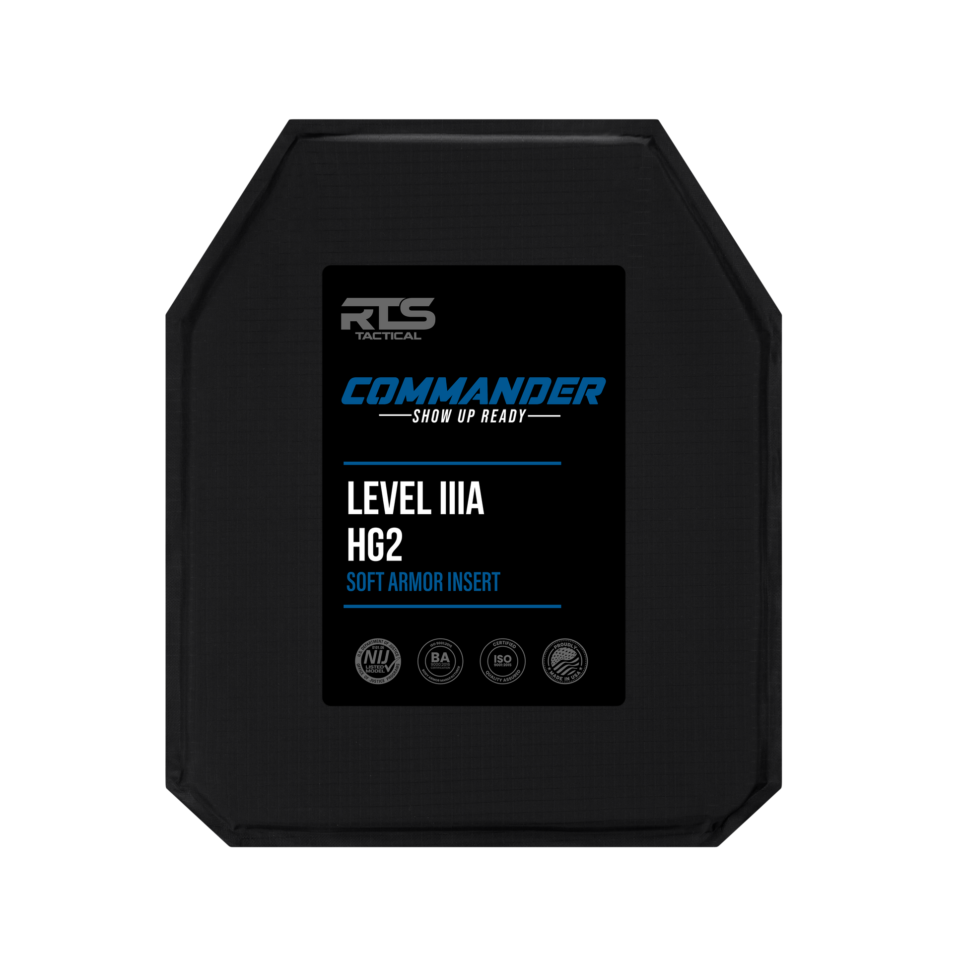 Black, hexagon-shaped soft armor insert labeled "RTS Tactical Commander." Text reads "Level IIIA HG2 Soft Armor Insert" with certification icons below.