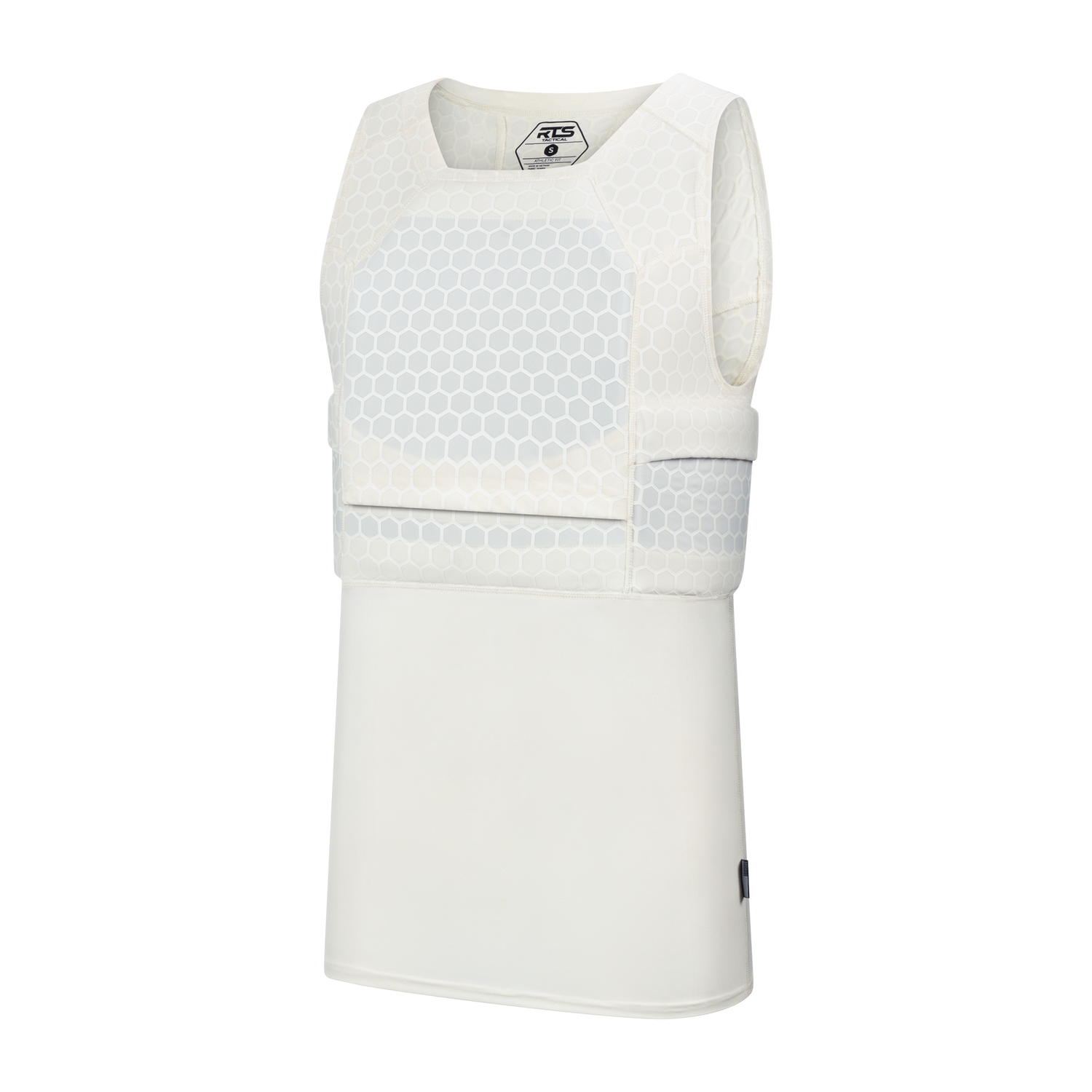 White compression shirt with hexagonal pattern on chest and sides, sleeveless design, and smooth lower section.