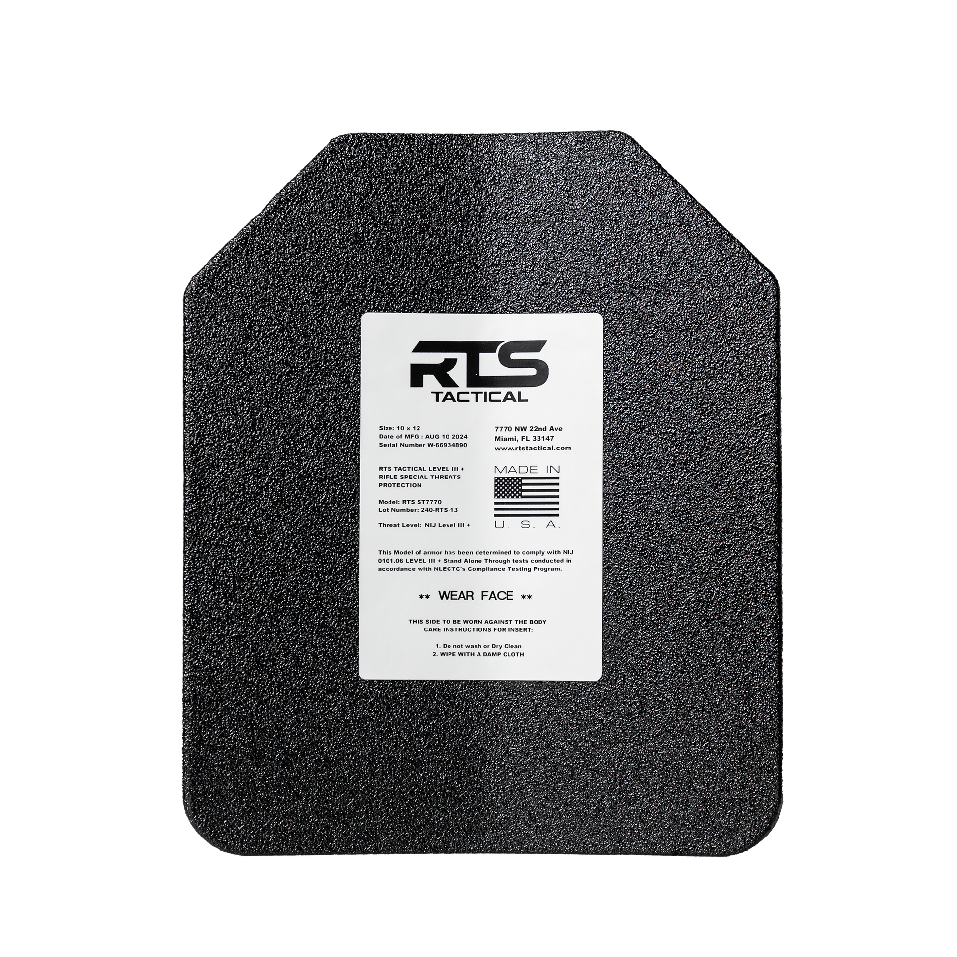 The shooter cut Level III+ Rifle Special Threats hard armor plate. 