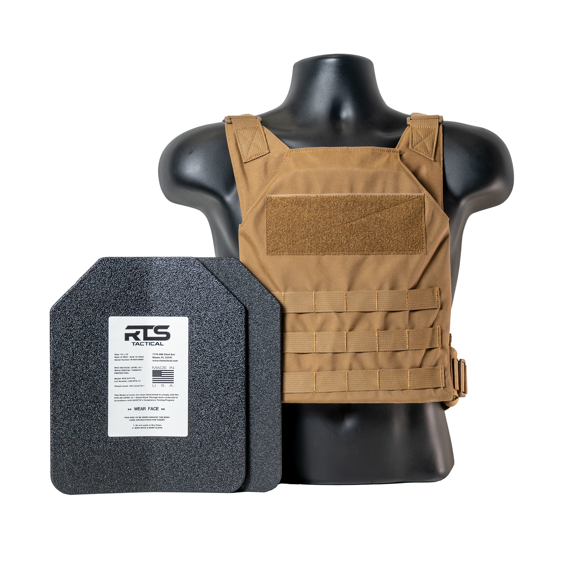 A black mannequin wearing a tan tactical vest with MOLLE webbing beside two black ballistic plates labeled "RTS Tactical."