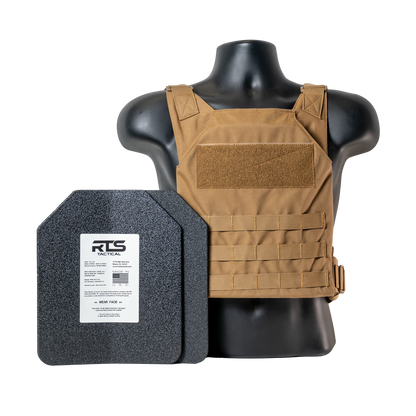 A black mannequin wearing a tan tactical vest with MOLLE webbing beside two black ballistic plates labeled "RTS Tactical."