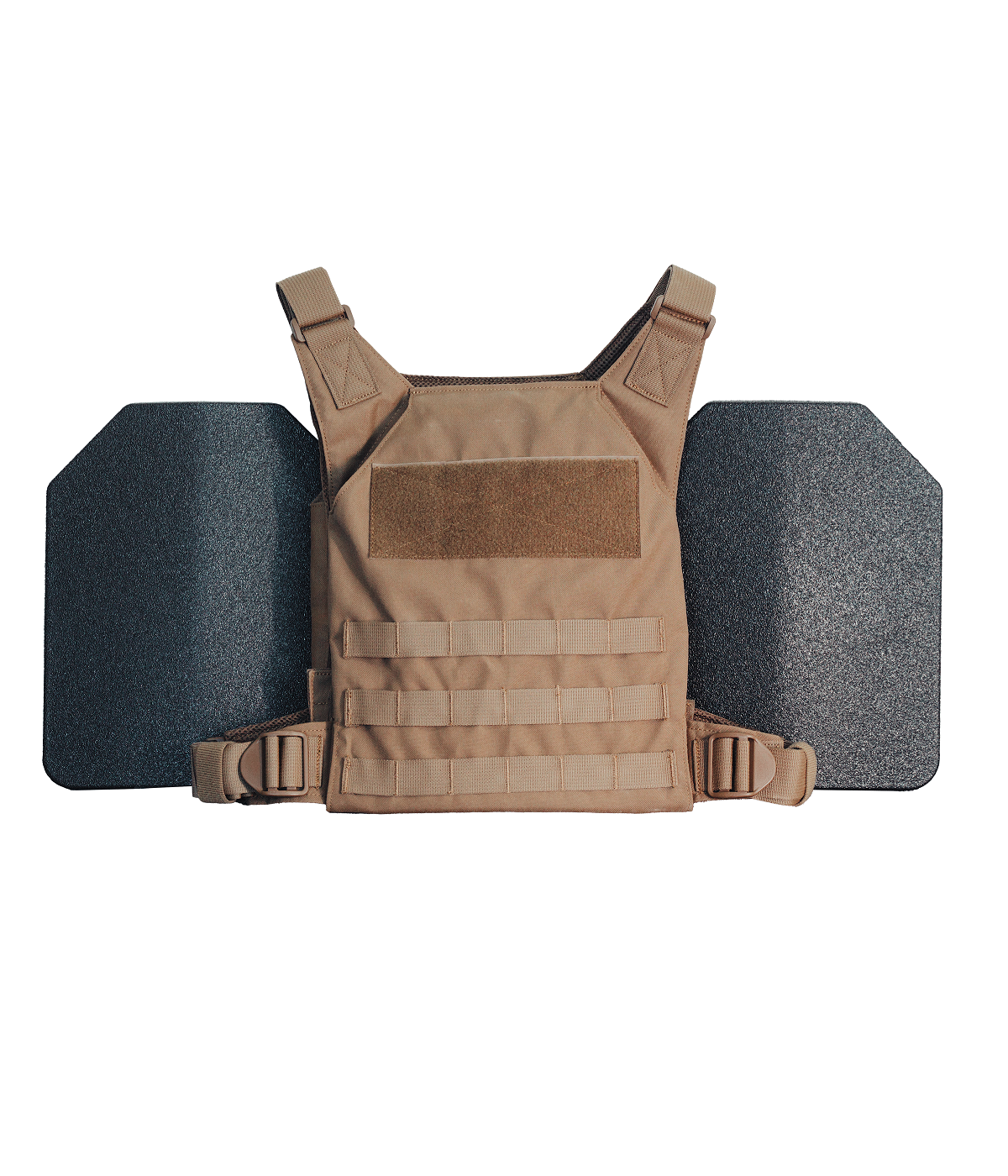 Tan tactical body armor with adjustable straps, front velcro patch, and side armor plates. The design shows durability and protection.