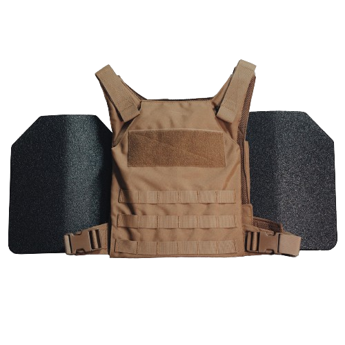 Tan tactical vest with multiple straps and pockets, flanked by two black protective plates.