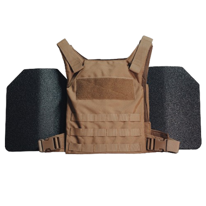 Tan tactical vest with multiple straps and pockets, flanked by two black protective plates.
