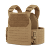 Tan tactical vest with padded shoulder straps and modular webbing, designed for military or law enforcement use.