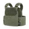 Green tactical vest with padding and adjustable straps, featuring laser-cut MOLLE webbing for attachments. The vest has a rugged, durable appearance.