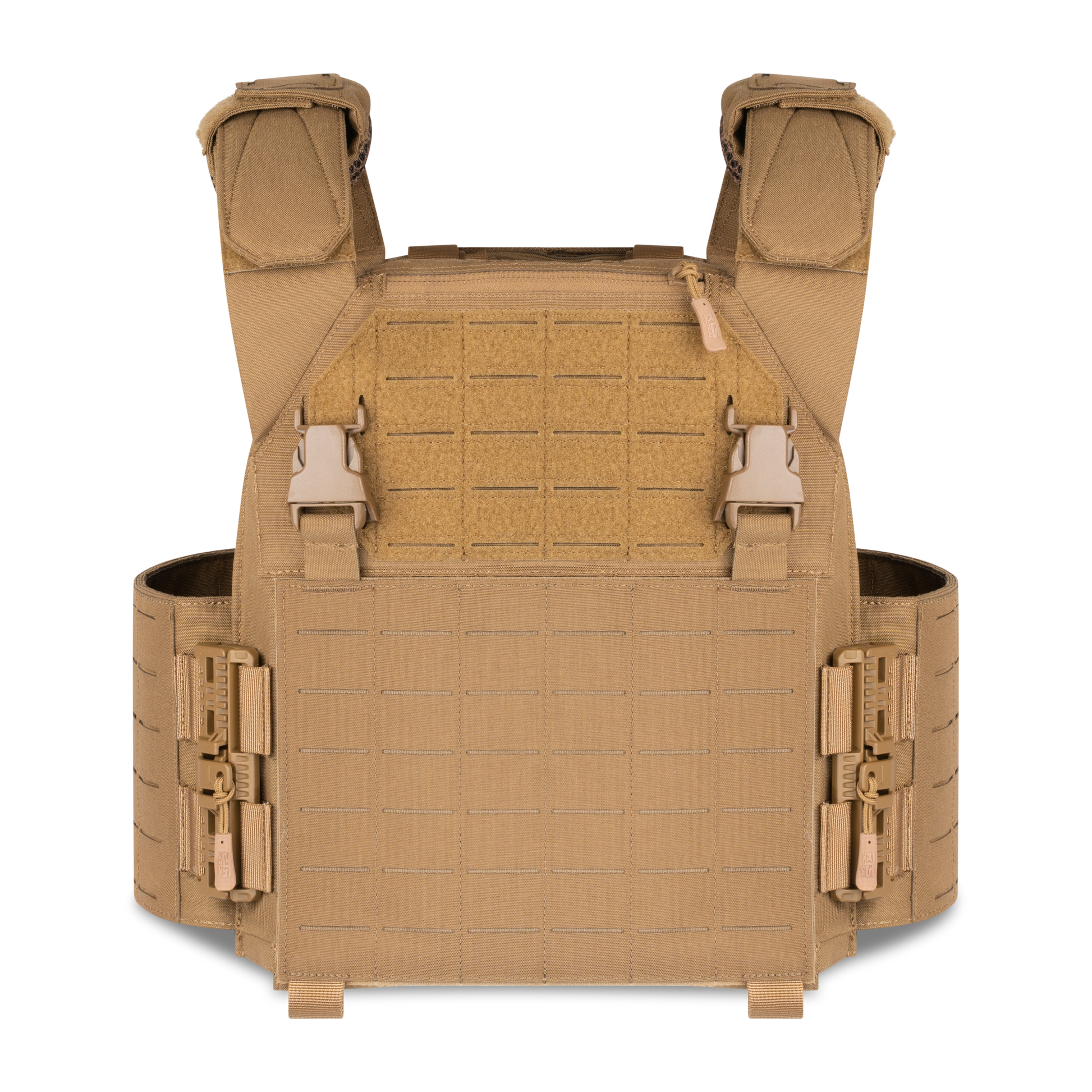 Tan tactical vest with adjustable straps, pockets, and MOLLE webbing for gear attachment, suggesting durability and functionality in outdoor settings.
