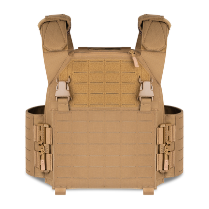 Tan tactical vest with adjustable straps, pockets, and MOLLE webbing for gear attachment, suggesting durability and functionality in outdoor settings.