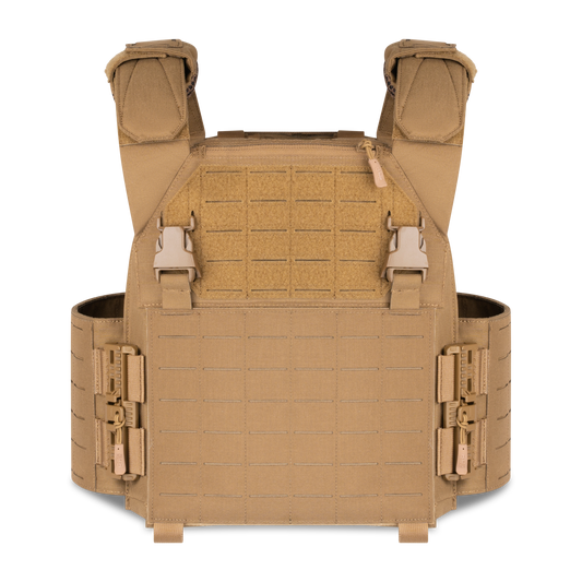 Tan tactical vest with adjustable straps, pockets, and MOLLE webbing for gear attachment, suggesting durability and functionality in outdoor settings.