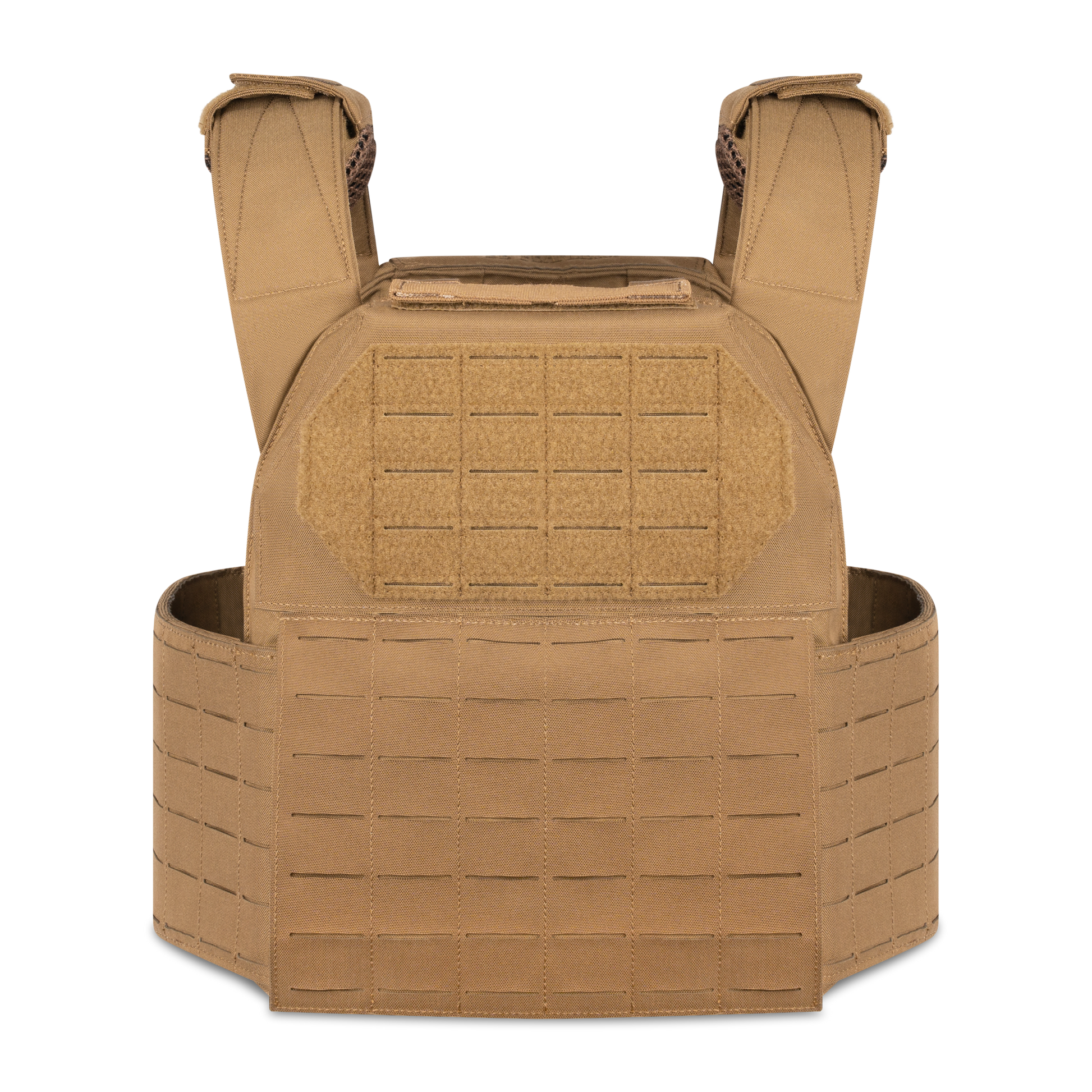 Tan tactical vest with reinforced shoulder straps and front panel featuring grid-like stitching and hook-and-loop fasteners.