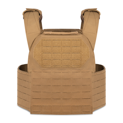 Tan tactical vest with reinforced shoulder straps and front panel featuring grid-like stitching and hook-and-loop fasteners.