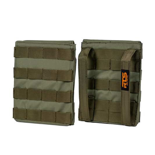 Front and back of olive green tactical pouches with brown MOLLE webbing are shown against a black background.